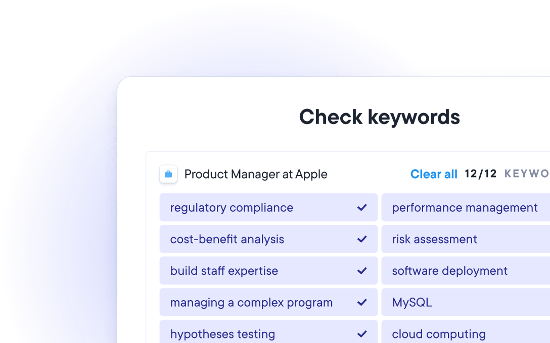 ATS-cv-kontrol, der matcher jobspecifikke nøgleord til en stilling som produktchef hos Apple